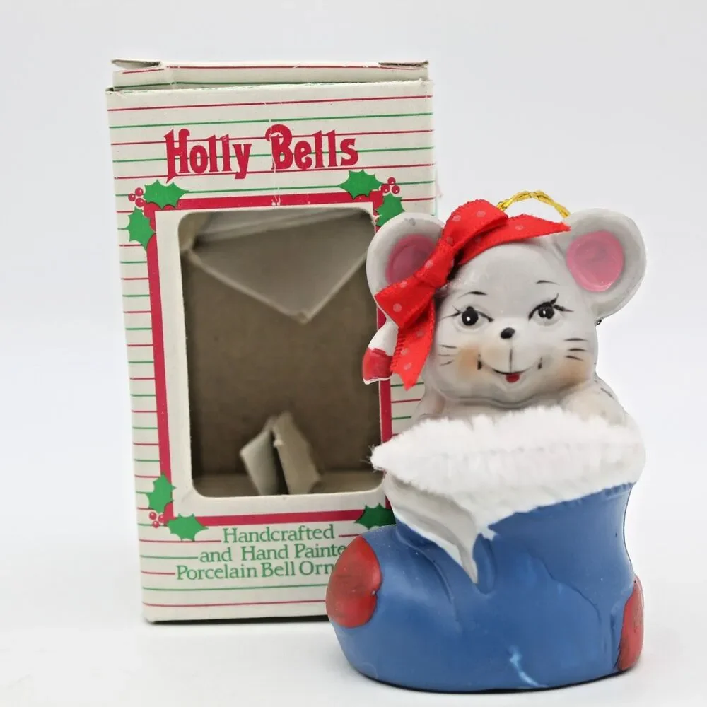 Holly Bells Porcelain Mouse Stocking Bell Ornament Vintage 1986 Original Box a